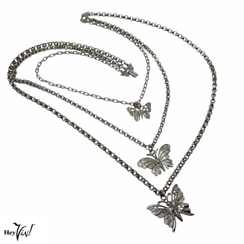 Vintage 3 Strand Chain Necklace w Three Unique Butterfly Pendants 18" - Hey Viv